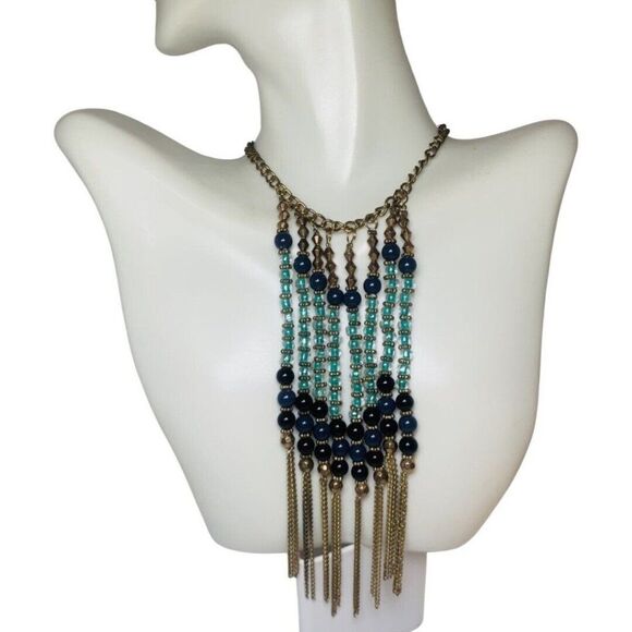 Navy And Light Blue Glass Beaded Dangle Fringe Gold Tone Vintage Necklace 23” - Picture 3 of 11